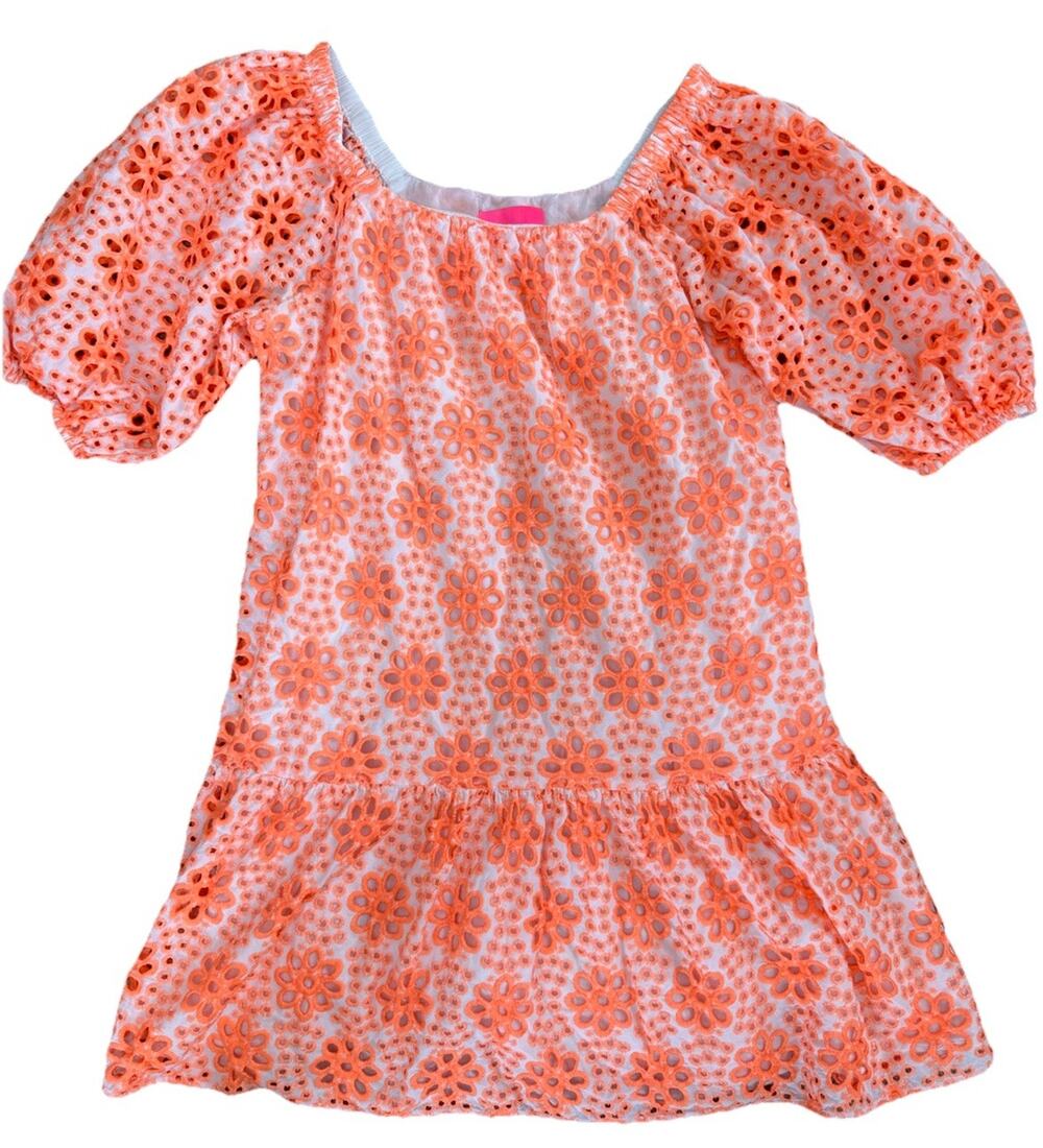Lilly Pulitzer Neon Orange White Floral Eyelet Dress Square Neck Puff Sz M